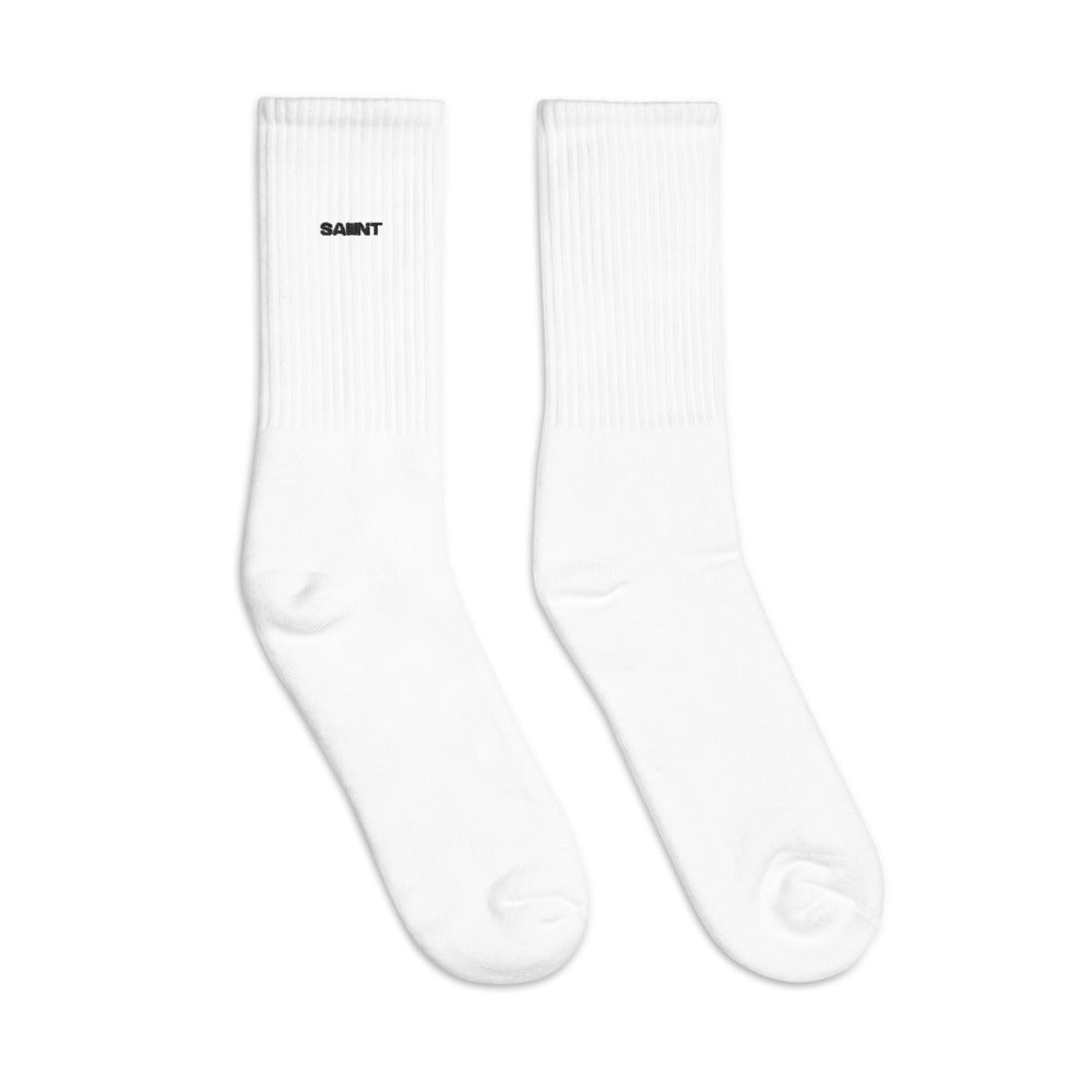 White Embroidered "Saint 3" Socks